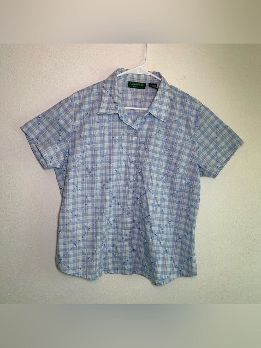 VTG Embroidered Button Up Shirt Women’s XL Floral Plaid Blue Cottagecore Prairie - Picture 2 of 6